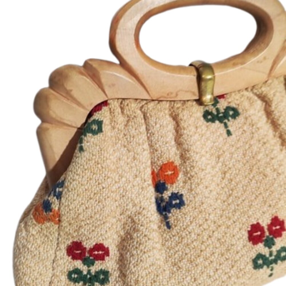 1930s Deco Vintage Tan Flowered Fabric Handbag With A Carved Wood Handle Paris - Picture 4 of 6